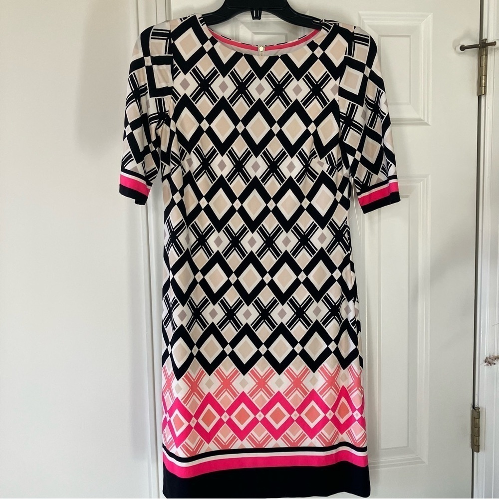 NWT Eliza J Pink & Black Diamond Print Lined Shift Dress Size 2